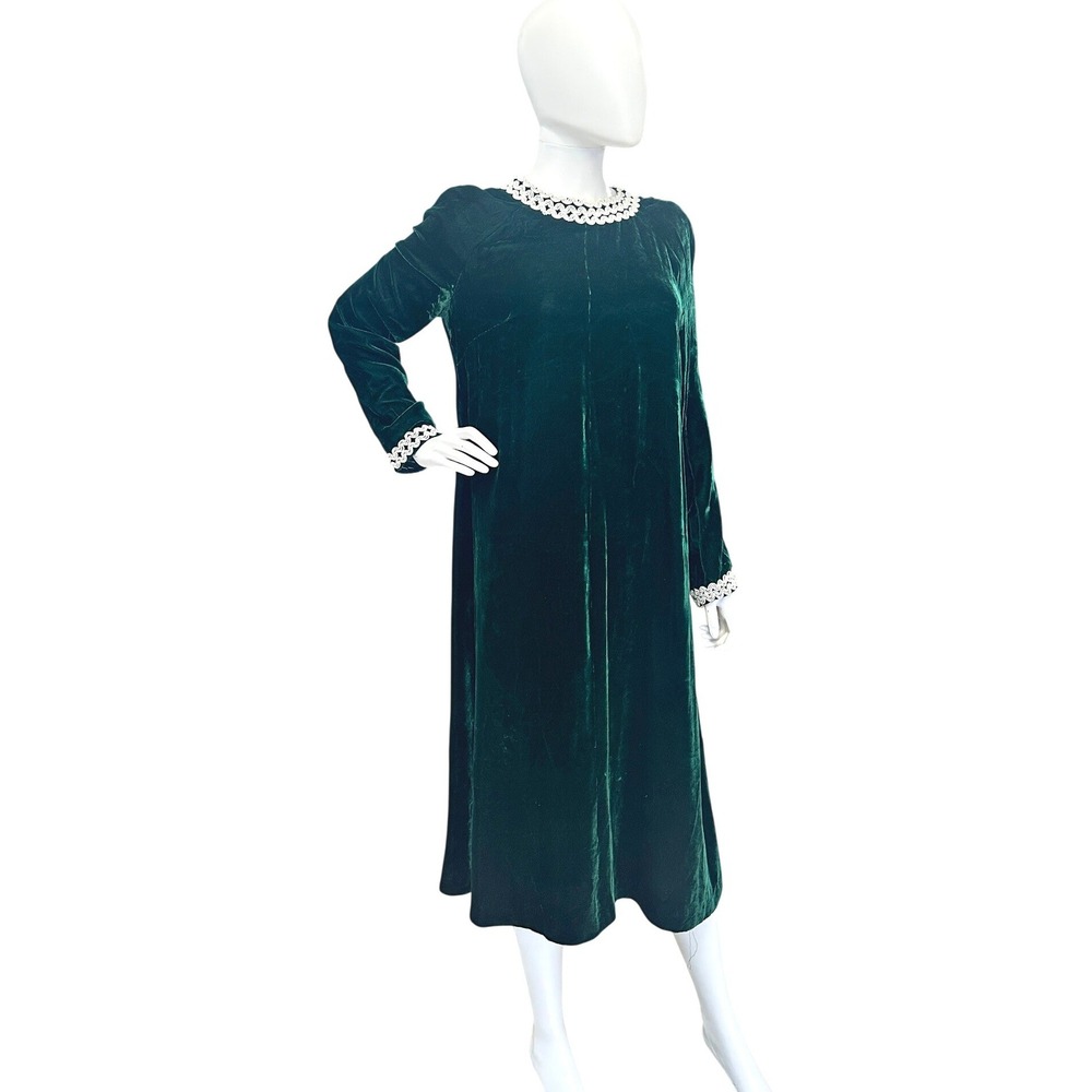 Vintage 60s Emerald Green Velvet Midi Dress White Trim Long Sleeve Holiday